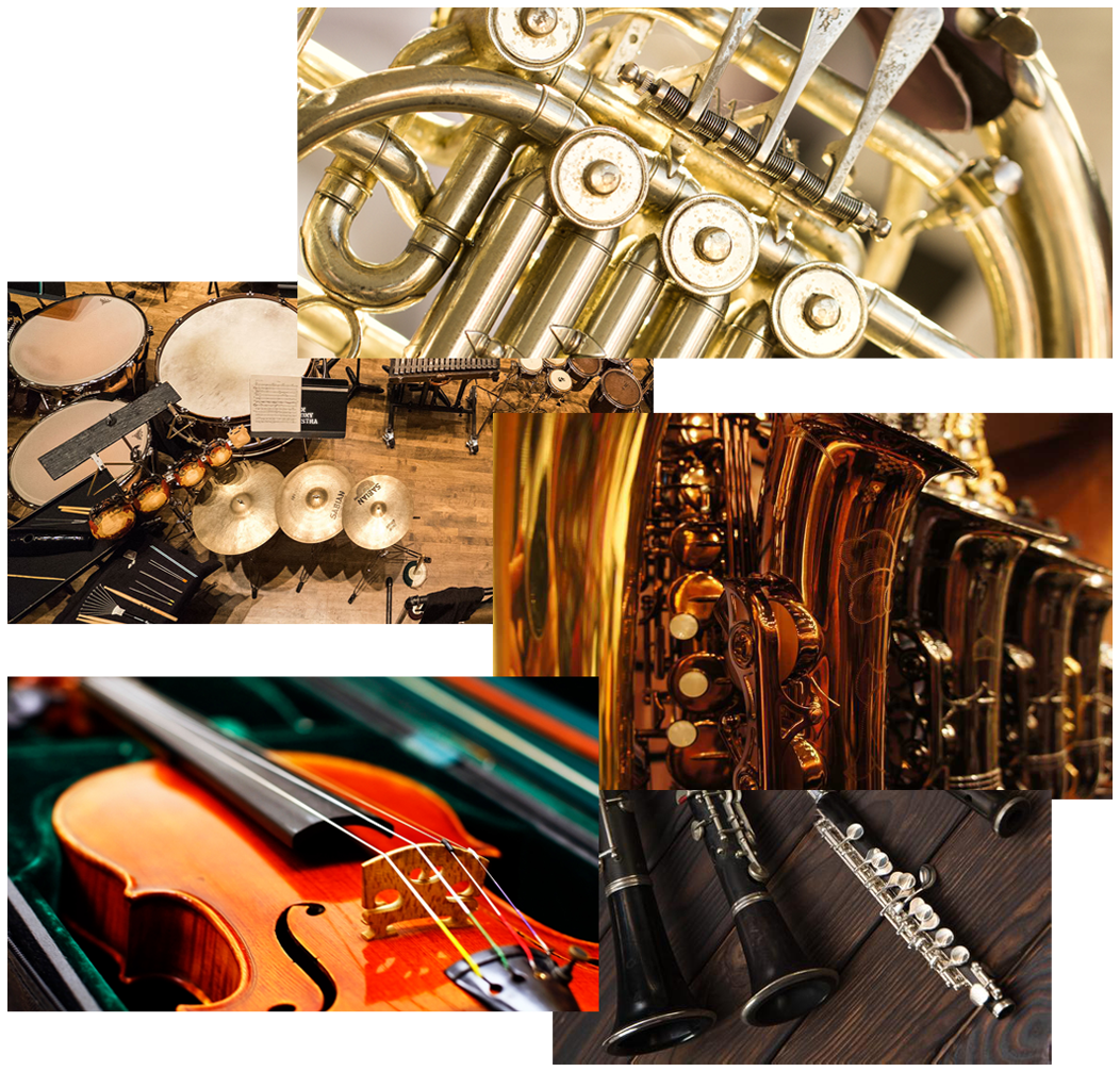 A collage showing pictures of various musical instruments, including saxophones and violins.